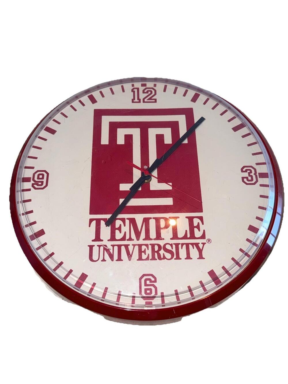 Temple University Vintage Plastic Logo Wall Clock 13" Office BatteryOp Round Red